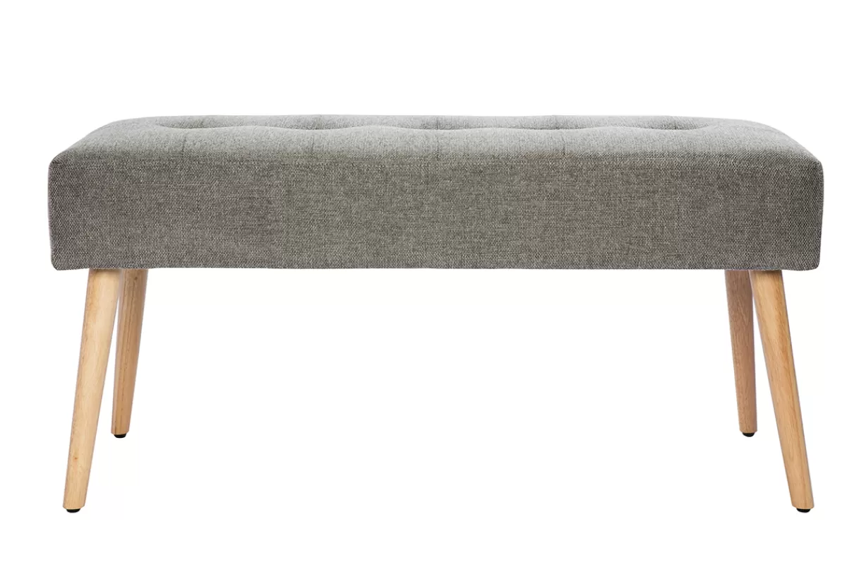 Miliboo Bancos | Mueble Recibidor-Banco capitoné de tela efecto aterciopelado texturizado gris claro y madera clara 95 cm GUESTA
