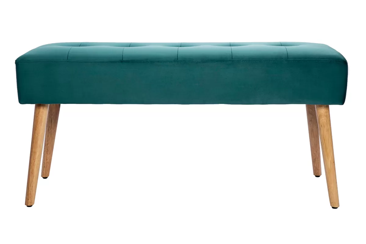 Miliboo Bancos | Mueble Recibidor-Banco capitoné de terciopelo azul petróleo y de madera clara 95 cm GUESTA