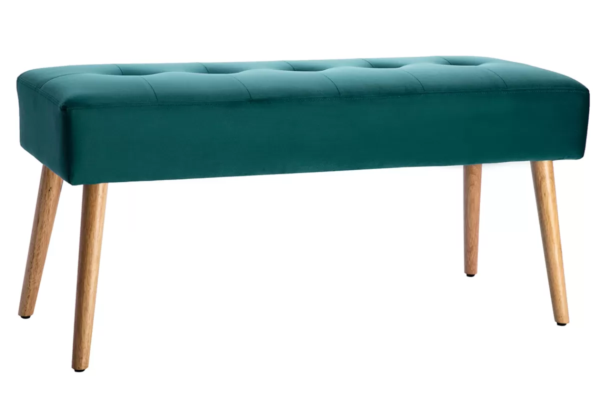 Miliboo Bancos | Mueble Recibidor-Banco capitoné de terciopelo azul petróleo y de madera clara 95 cm GUESTA