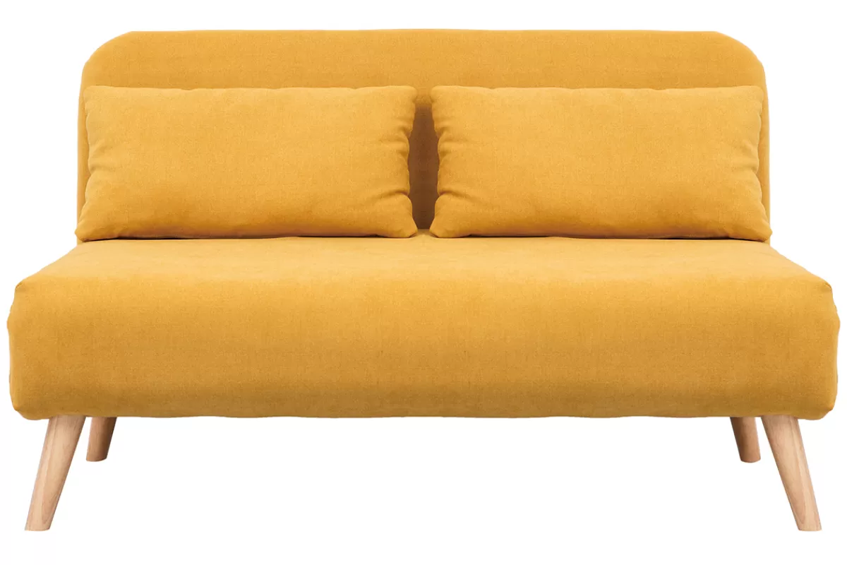 Miliboo Sofá Cama | Sillones Cama-Banco convertible 2 plazas en tejido efecto terciopelo amarillo mostaza AMIKO