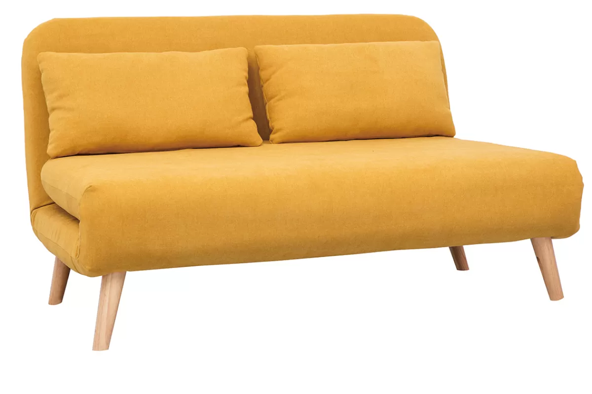 Miliboo Sofá Cama | Sillones Cama-Banco convertible 2 plazas en tejido efecto terciopelo amarillo mostaza AMIKO