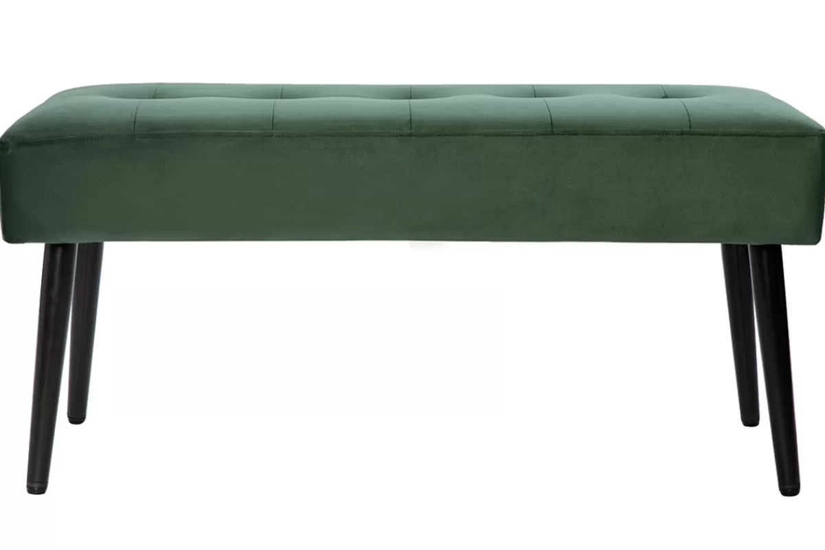 Miliboo Bancos | Mueble Recibidor-Banco de diseño capitoné de terciopelo verde oscuro y metal negro 95 cm GUESTA