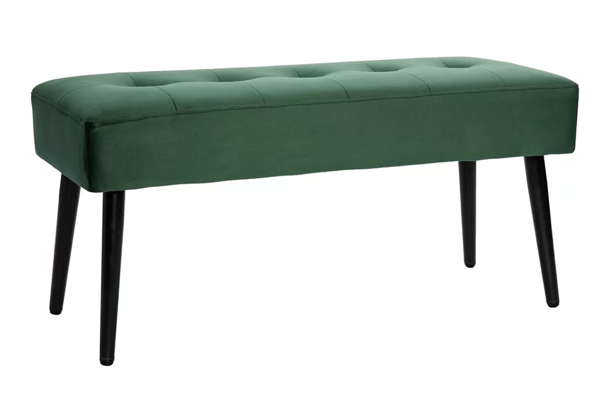 Miliboo Bancos | Mueble Recibidor-Banco de diseño capitoné de terciopelo verde oscuro y metal negro 95 cm GUESTA