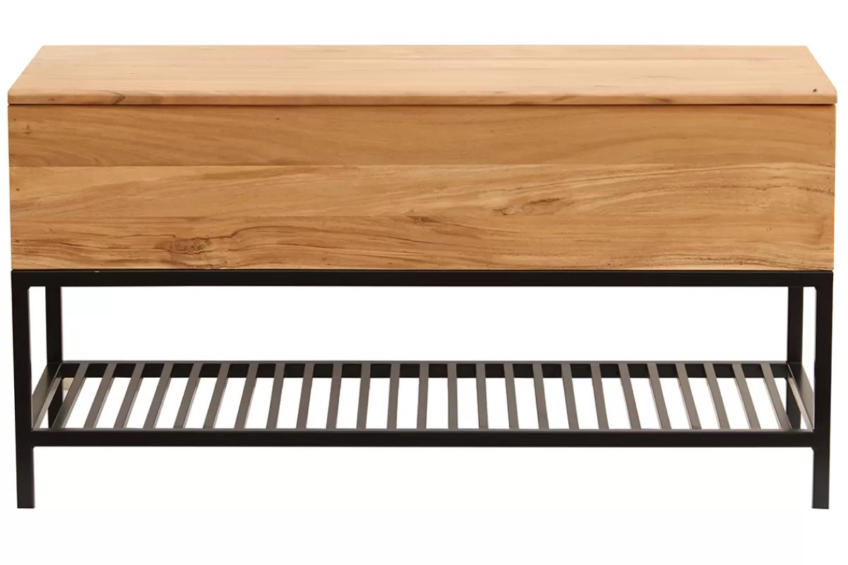 Miliboo Bancos | Mueble Recibidor-Banco de entrada de estilo industrial con espacio de almacenaje de acacia maciza y metal negro SORG