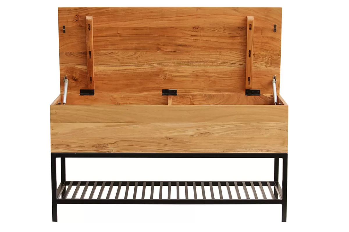 Miliboo Bancos | Mueble Recibidor-Banco de entrada de estilo industrial con espacio de almacenaje de acacia maciza y metal negro SORG