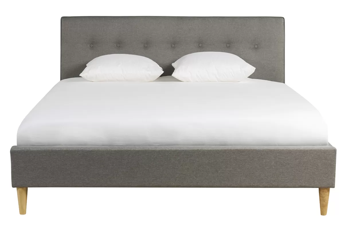 Miliboo Cama Matrimonial-Cama 2 plazas 160 x 200 cm con cabecero de cama de tela gris claro LEONCE