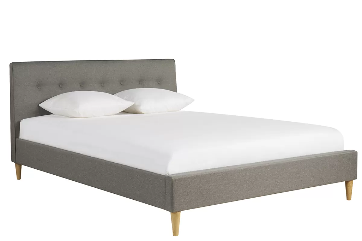 Miliboo Cama Matrimonial-Cama 2 plazas 160 x 200 cm con cabecero de cama de tela gris claro LEONCE