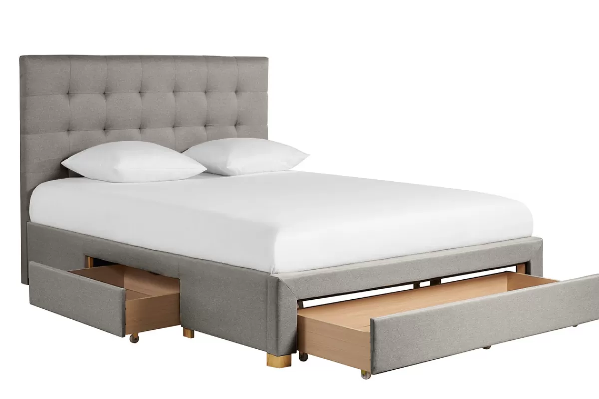 Miliboo Cama Matrimonial-Cama con cajones 2 plazas 160 x 200 cm de tela gris claro RENO