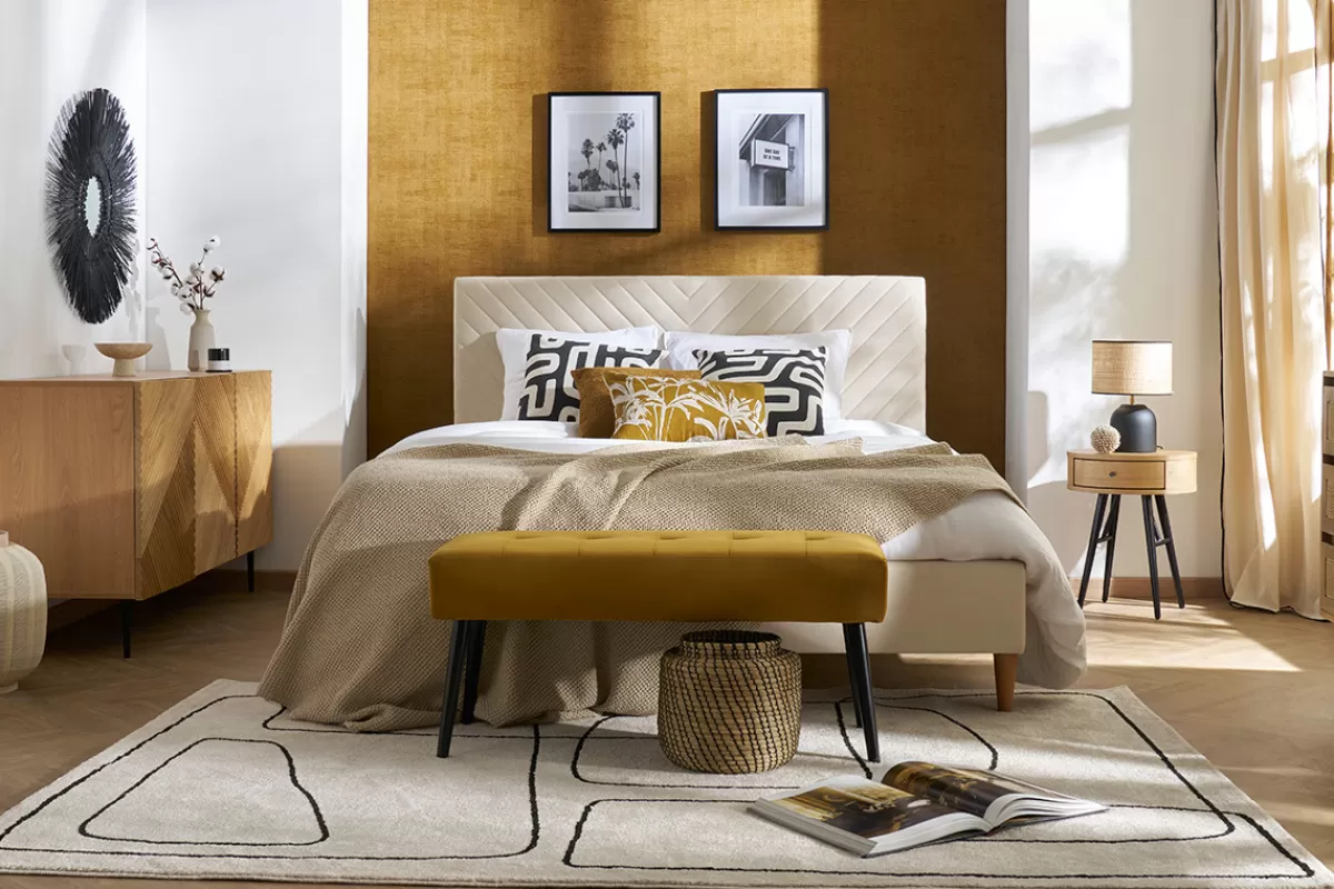 Miliboo Cama Matrimonial-Cama de 2 plazas 160 x 200 cm de tela beige SIDONIE