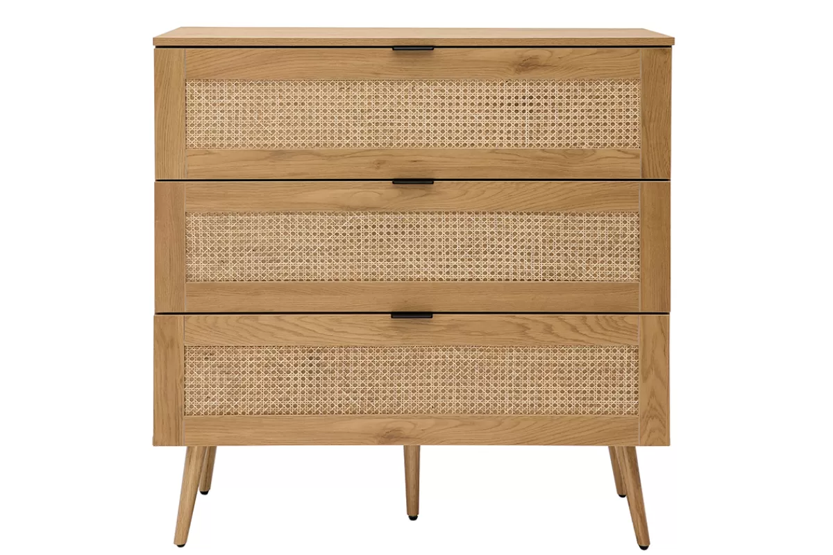 Miliboo Cómodas | Cómodas-Cómoda de madera clara, mimbre y metal negro con 3 cajones 100 cm MANILLE