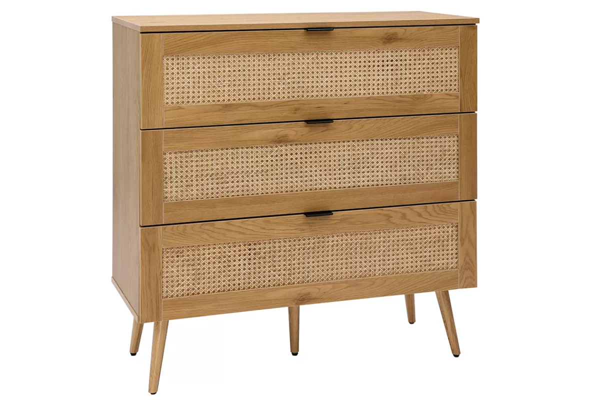 Miliboo Cómodas | Cómodas-Cómoda de madera clara, mimbre y metal negro con 3 cajones 100 cm MANILLE