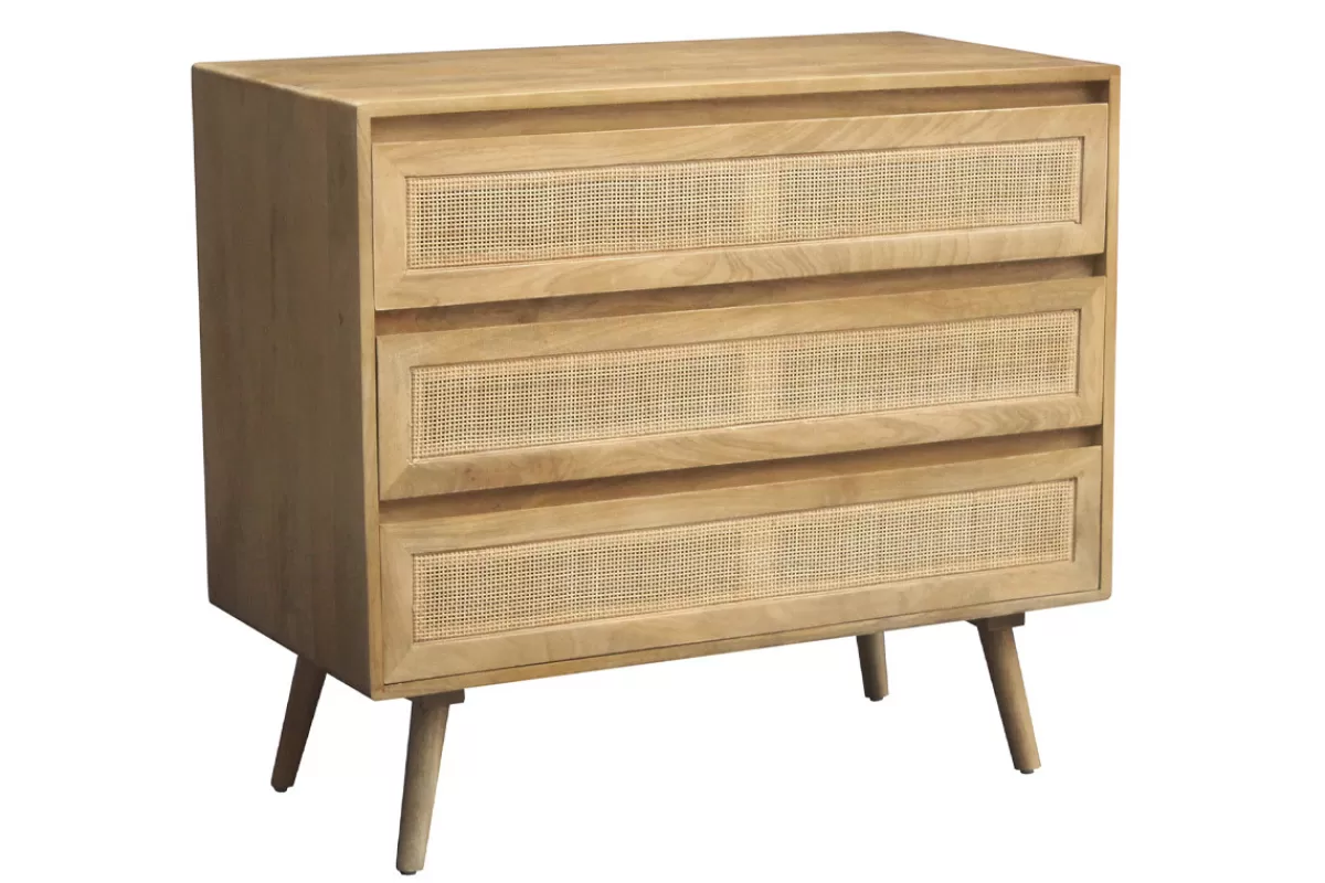 Miliboo Cómodas | Cómodas-Cómoda de madera maciza de mango y caña de ratán 3 cajones 90 cm ACANGE
