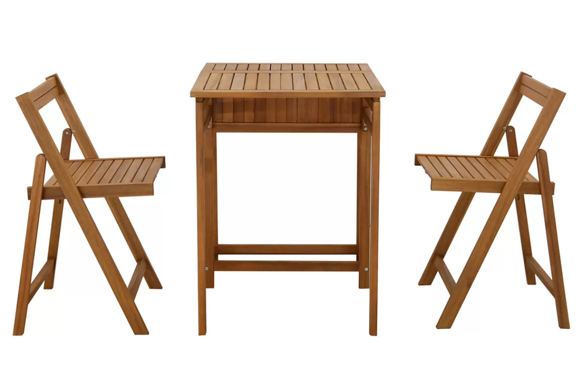 Miliboo Mesa De Jardín-Conjunto de 2 sillas plegables y 1 mesa de balcón abatible con almacenaje de madera maciza PRADO