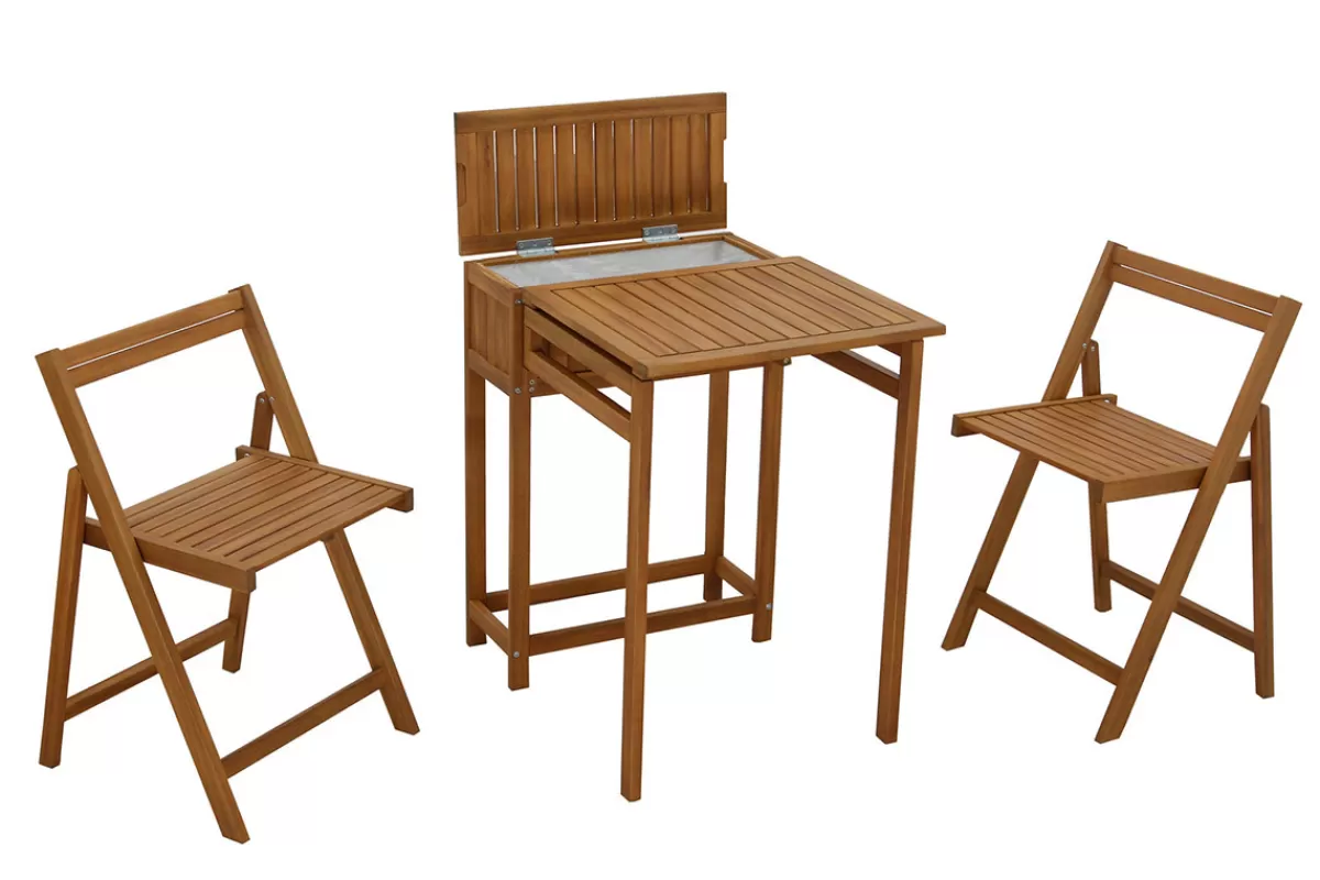 Miliboo Mesa De Jardín-Conjunto de 2 sillas plegables y 1 mesa de balcón abatible con almacenaje de madera maciza PRADO