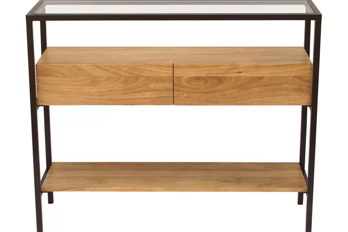 Miliboo Consolas-Consola de madera maciza de mango y tablero de cristal con 2 cajones 100 cm SITA