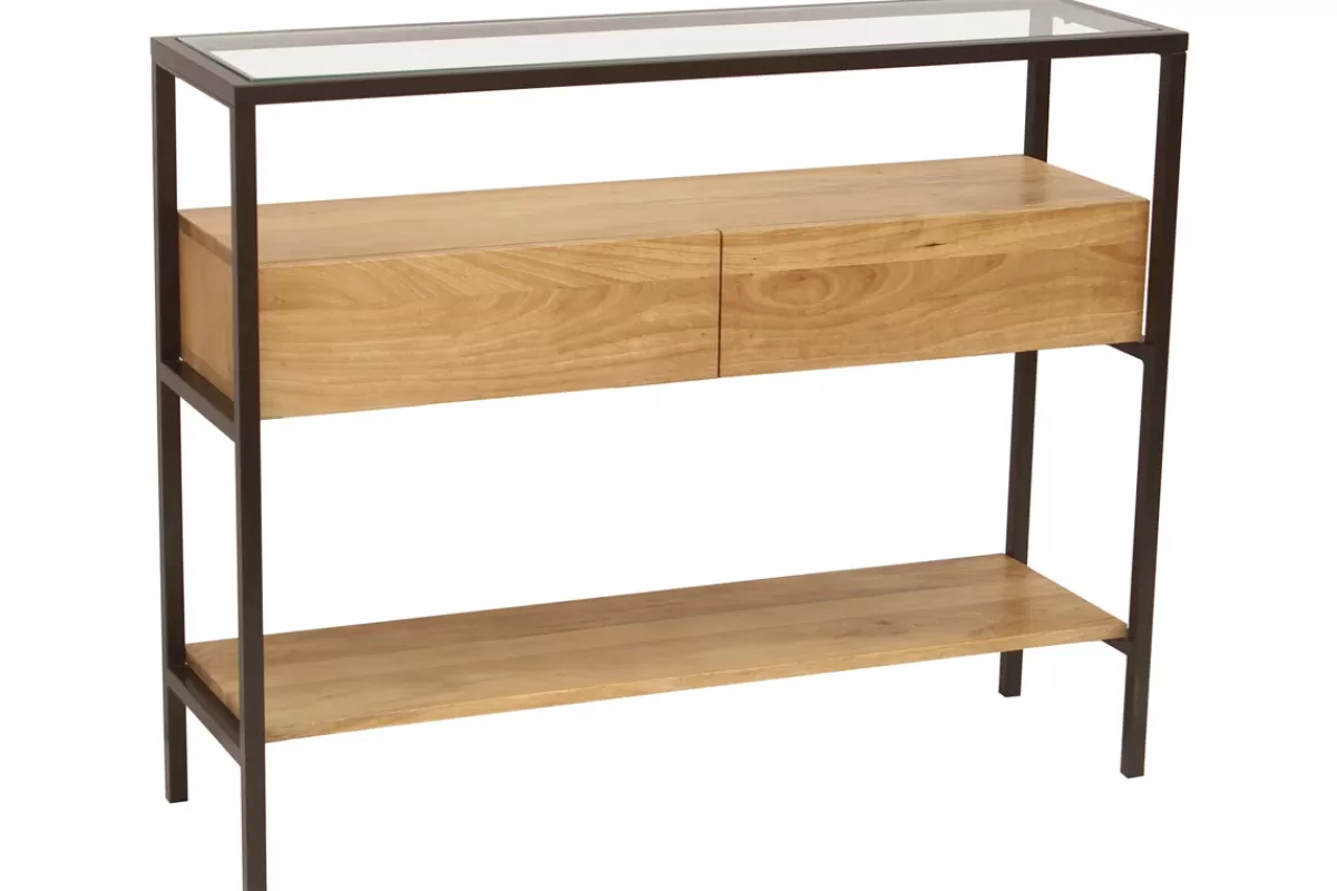 Miliboo Consolas-Consola de madera maciza de mango y tablero de cristal con 2 cajones 100 cm SITA