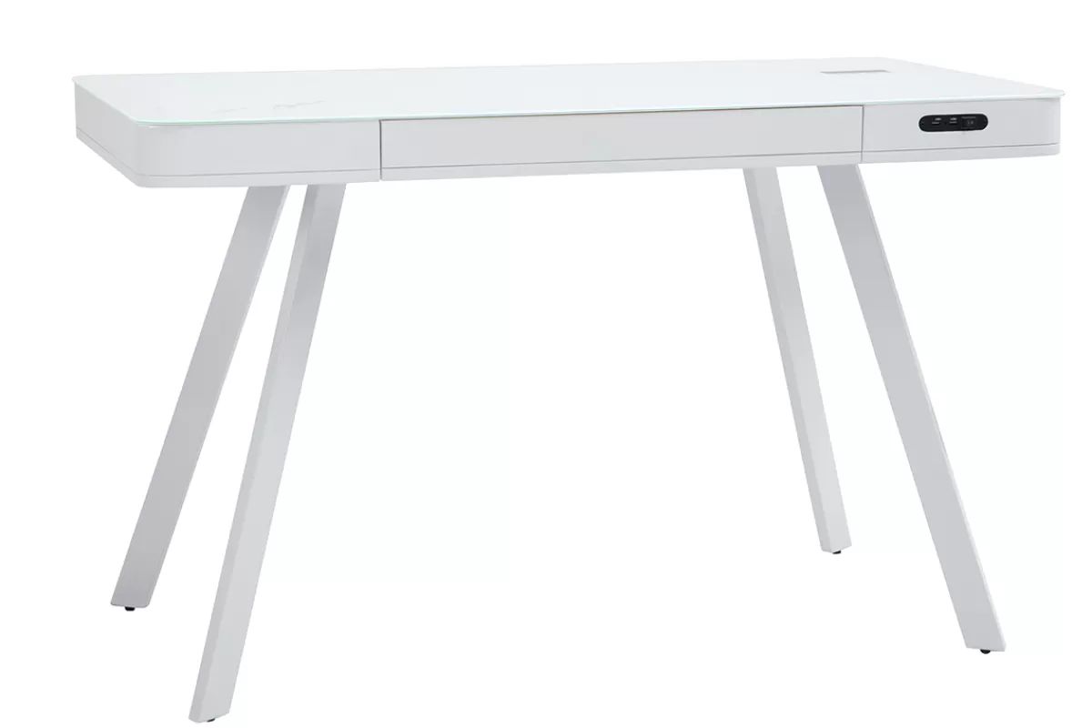 Miliboo Escritorio Design-Escritorio conectado multimedia - Cristal y metal blanco CLEVER
