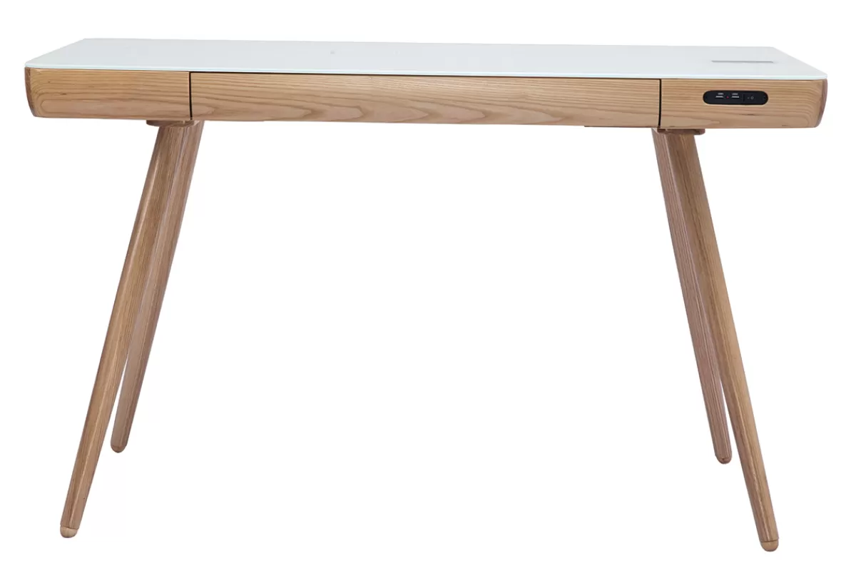 Miliboo Escritorio Design-Escritorio conectado multimedia - Cristal blanco y madera CLEVER