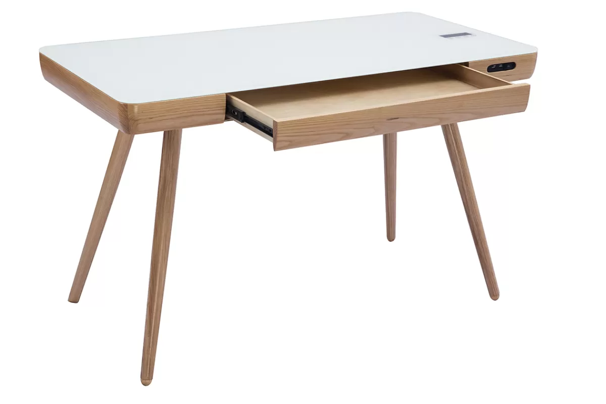 Miliboo Escritorio Design-Escritorio conectado multimedia - Cristal blanco y madera CLEVER