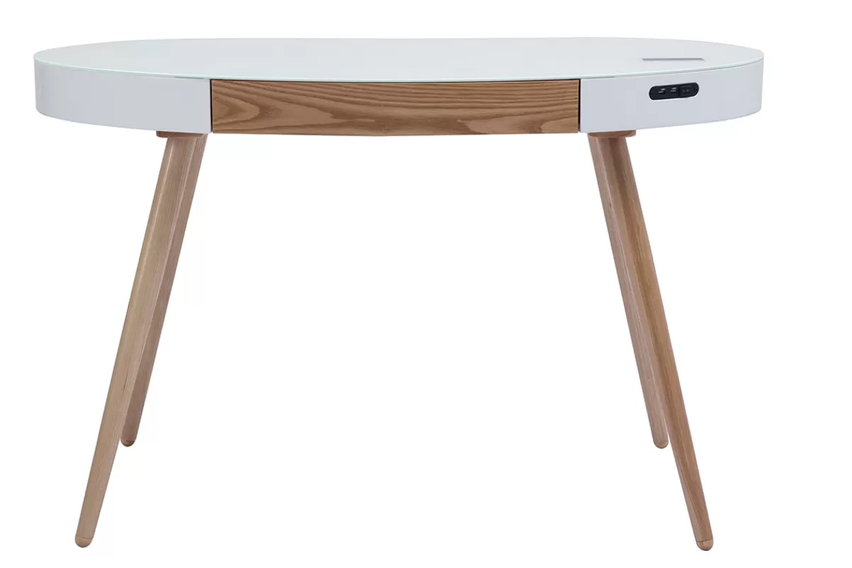 Miliboo Escritorio Design-Escritorio conectado multimedia - Vidrio blanco y madera clara HANDY