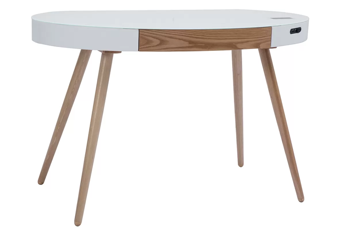 Miliboo Escritorio Design-Escritorio conectado multimedia - Vidrio blanco y madera clara HANDY