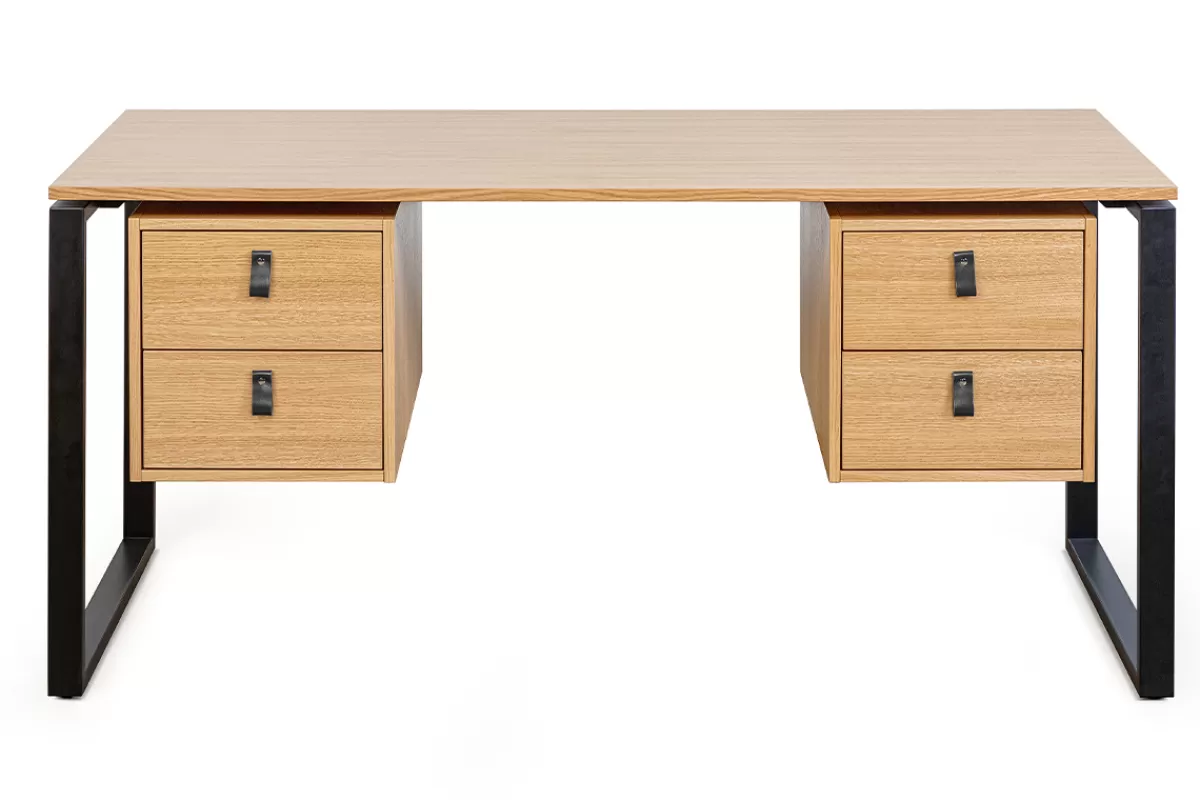 Miliboo Escritorio Design-Escritorio de contrachapado de roble y metal negro con 2 compartimentos 160 cm OPAL
