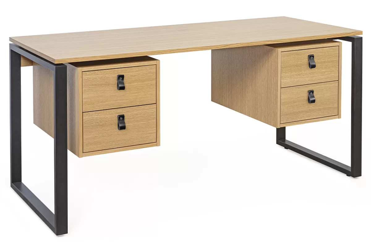 Miliboo Escritorio Design-Escritorio de contrachapado de roble y metal negro con 2 compartimentos 160 cm OPAL