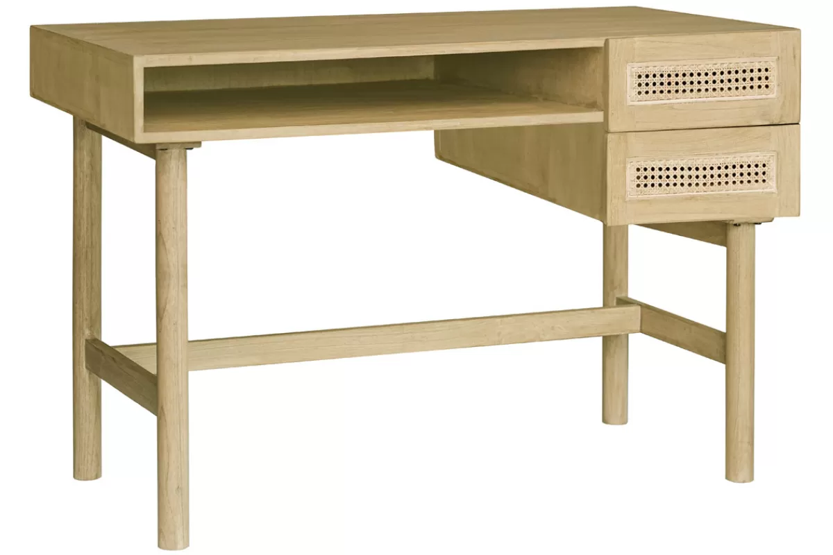 Miliboo Escritorio Design-Escritorio de madera clara con cajonera de caña de ratán 120 cm GALINA