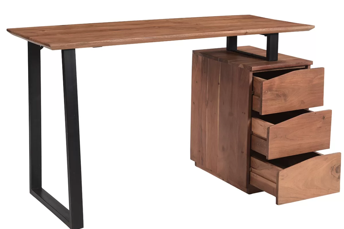 Miliboo Escritorio Design-Escritorio de madera de acacia maciza y metal negro 3 cajones 130 cm HORACE