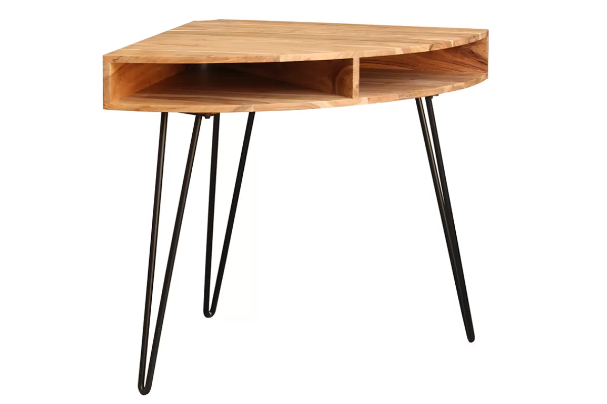 Miliboo Escritorio Design-Escritorio esquinero de acacia maciza y metal negro GOSBY