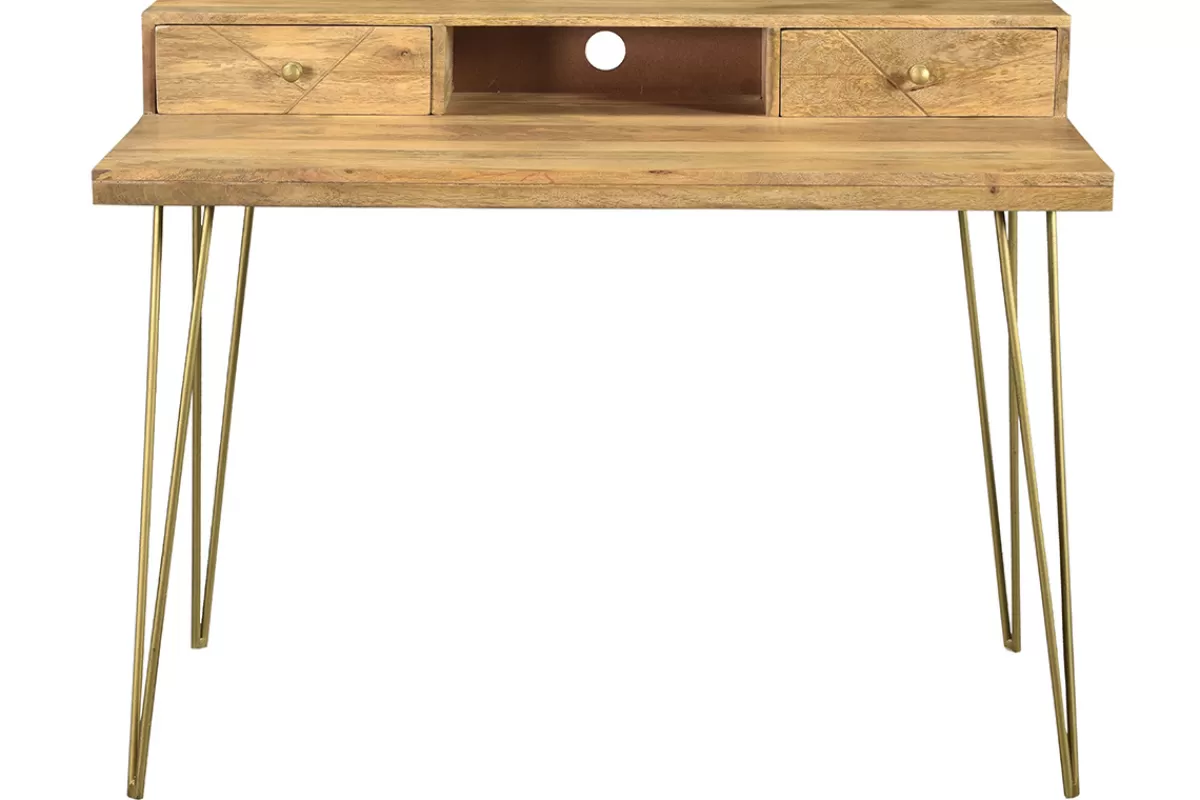 Miliboo Escritorio Design-Escritorio grabado en mango macizo y metal dorado L115 cm LINIUM