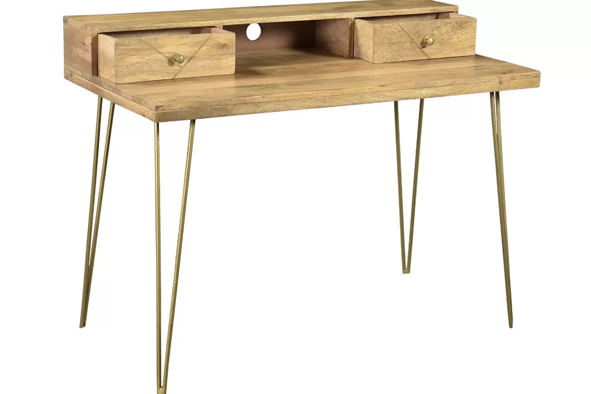Miliboo Escritorio Design-Escritorio grabado en mango macizo y metal dorado L115 cm LINIUM