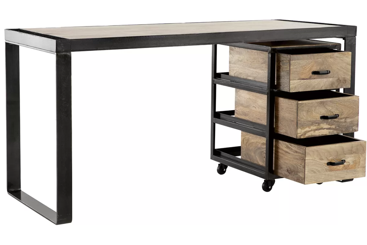 Miliboo Escritorio Design-Escritorio industrial con cajonera móvil en mango macizo L156 cm INDUSTRIA