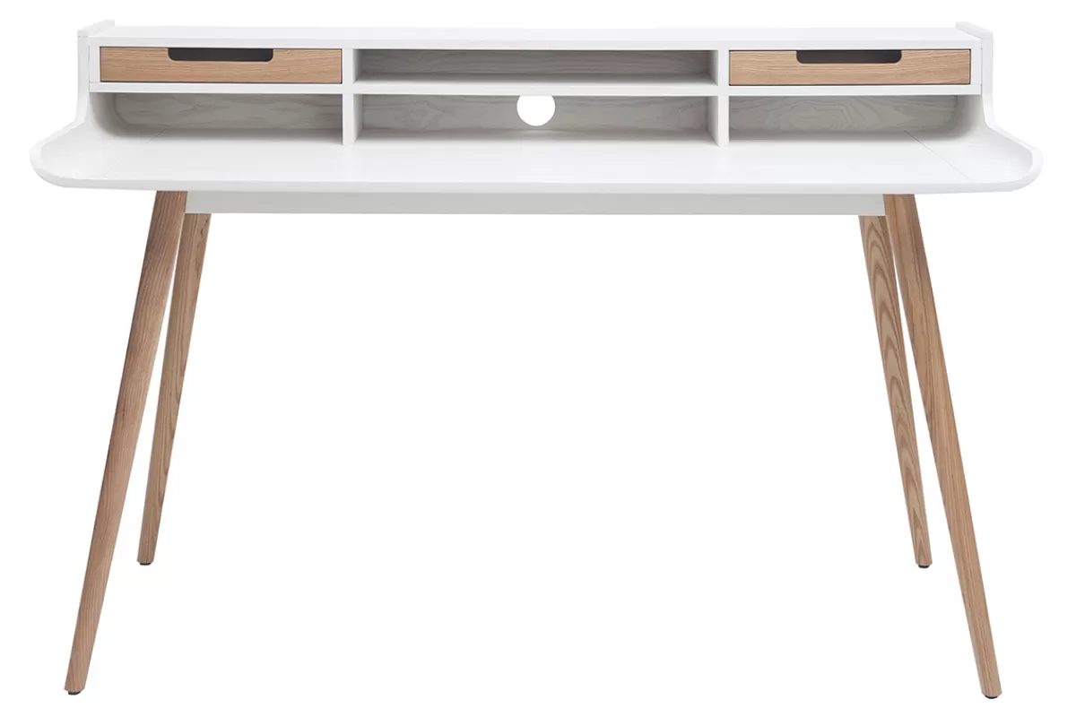 Miliboo Escritorio Design-Escritorio nórdico madera y blanco 2 cajones L140 cm OPUS