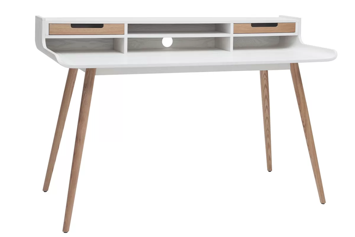 Miliboo Escritorio Design-Escritorio nórdico madera y blanco 2 cajones L140 cm OPUS
