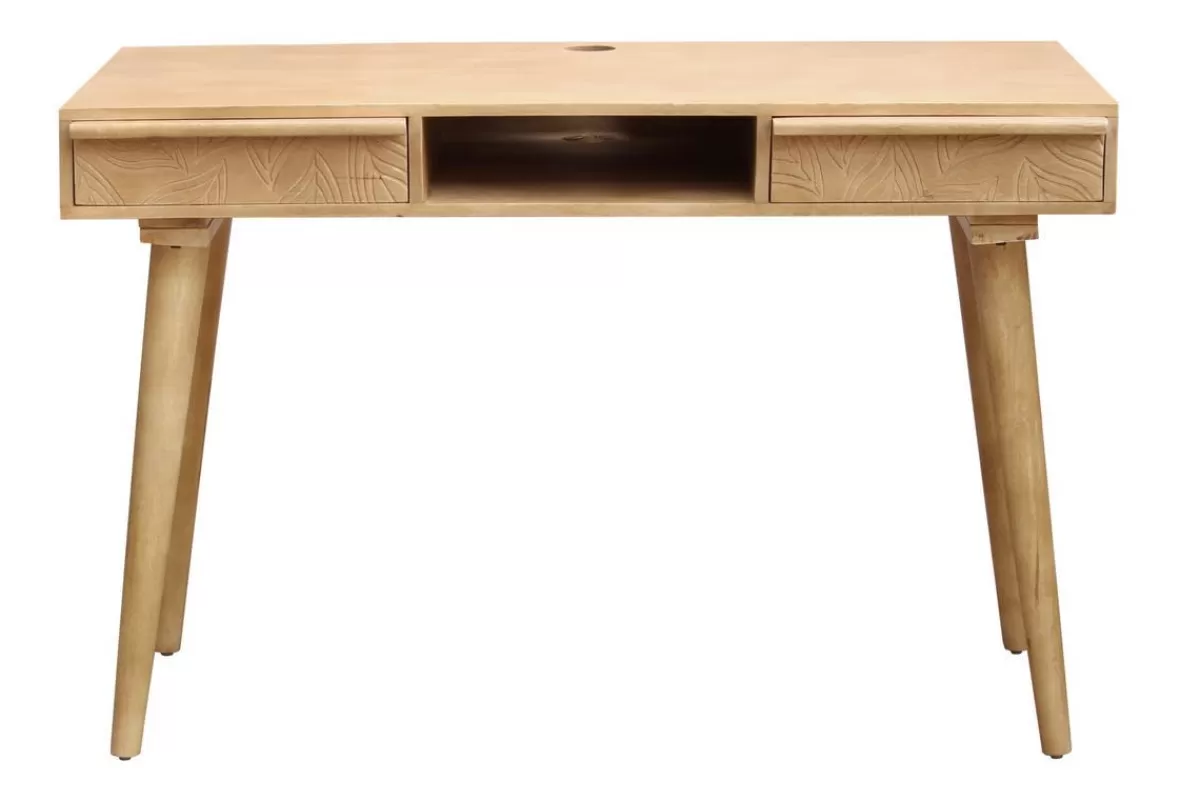 Miliboo Escritorio Design-Escritorio étnico de madera maciza de mango tallada con 2 cajones KAFFIR