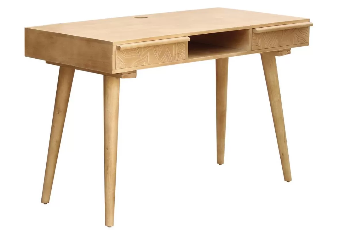 Miliboo Escritorio Design-Escritorio étnico de madera maciza de mango tallada con 2 cajones KAFFIR