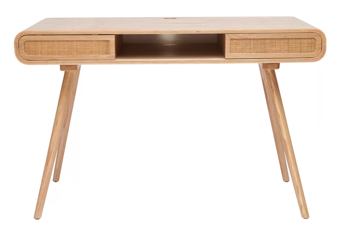 Miliboo Escritorio Design-Escritorio vintage con almacenaje de madera clara y caña 120 cm OLYMPE