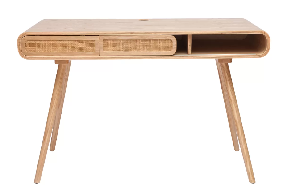 Miliboo Escritorio Design-Escritorio vintage con almacenaje de madera clara y caña 120 cm OLYMPE