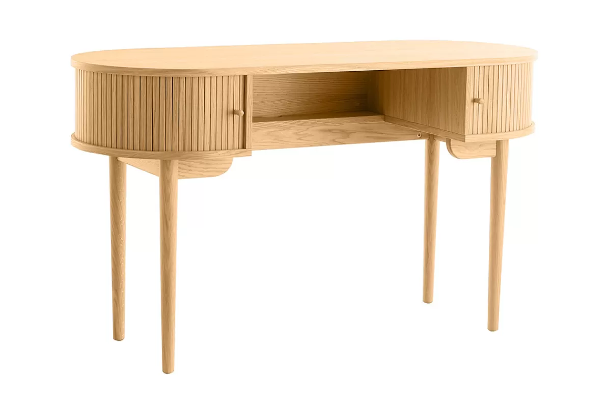 Miliboo Escritorio Design-Escritorio vintage de contrachapado de roble con patas de roble macizo EPIC