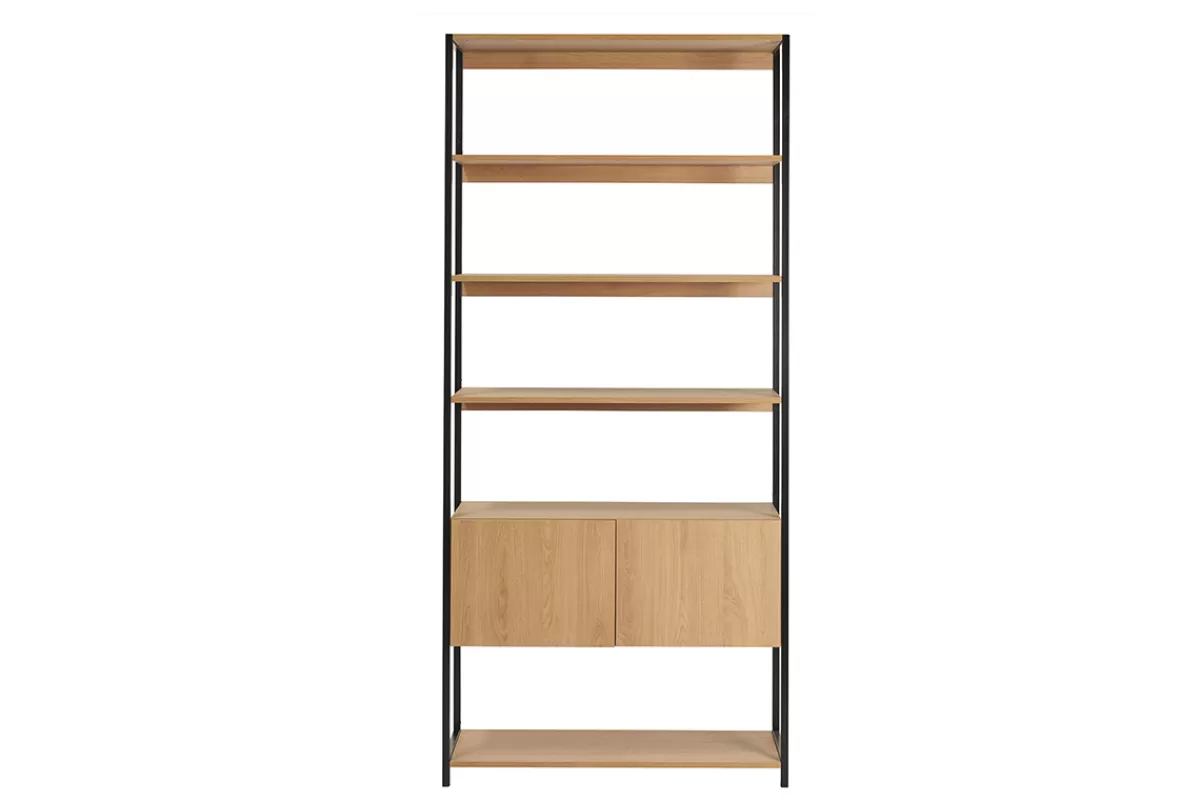 Miliboo Bibliotecas & Estanterías | Bibliotecas & Estanterías-Estantería con espacio de almacenaje cerrado de madera de roble claro y acabado metálico negro 94 cm FLEA