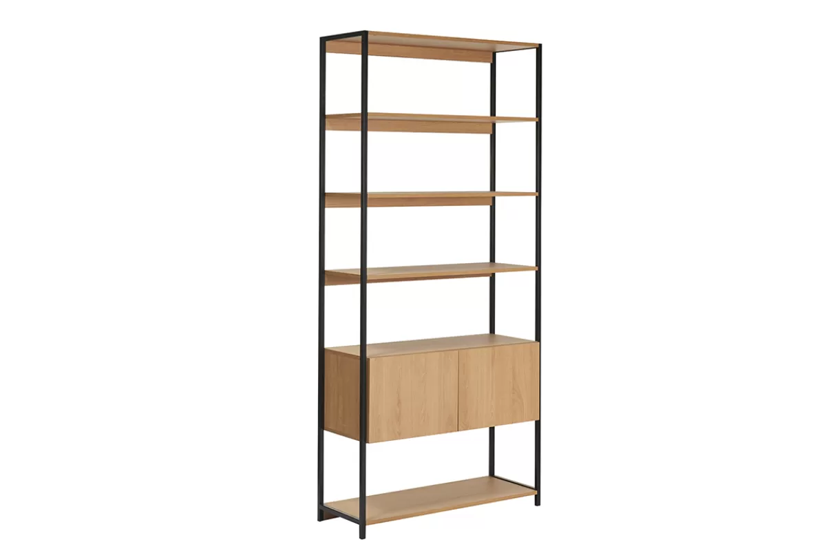 Miliboo Bibliotecas & Estanterías | Bibliotecas & Estanterías-Estantería con espacio de almacenaje cerrado de madera de roble claro y acabado metálico negro 94 cm FLEA