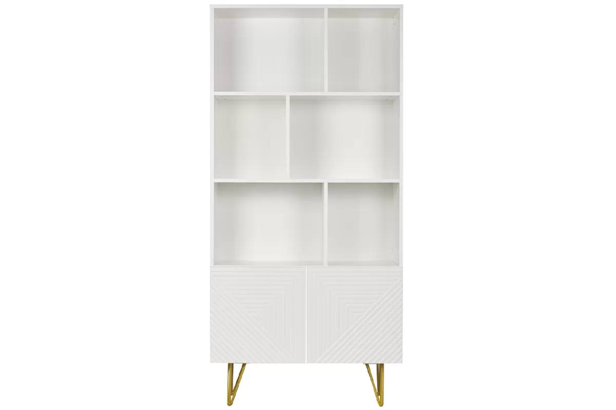Miliboo Bibliotecas & Estanterías | Bibliotecas & Estanterías-Estantería de diseño con grabados blanco mate y metal dorado con 2 puertas 86 cm OZEN