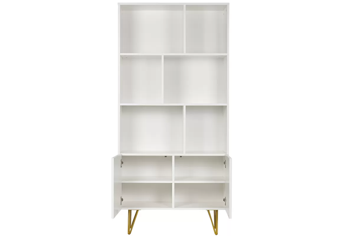Miliboo Bibliotecas & Estanterías | Bibliotecas & Estanterías-Estantería de diseño con grabados blanco mate y metal dorado con 2 puertas 86 cm OZEN