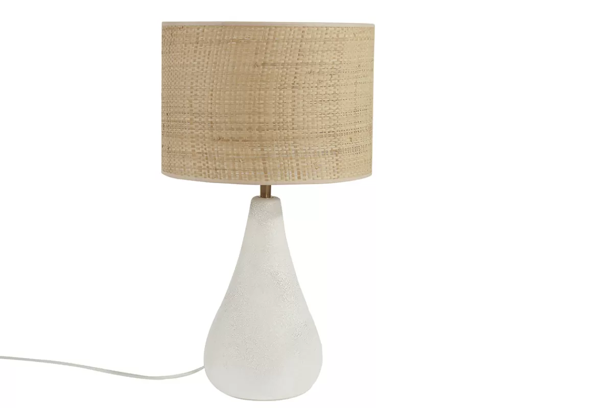 Miliboo Lámpara De Mesa | Lámpara De Mesa-Lámpara de mesa blanca de cerámica efecto piedra con pantalla de rafia 49 cm PYRUS