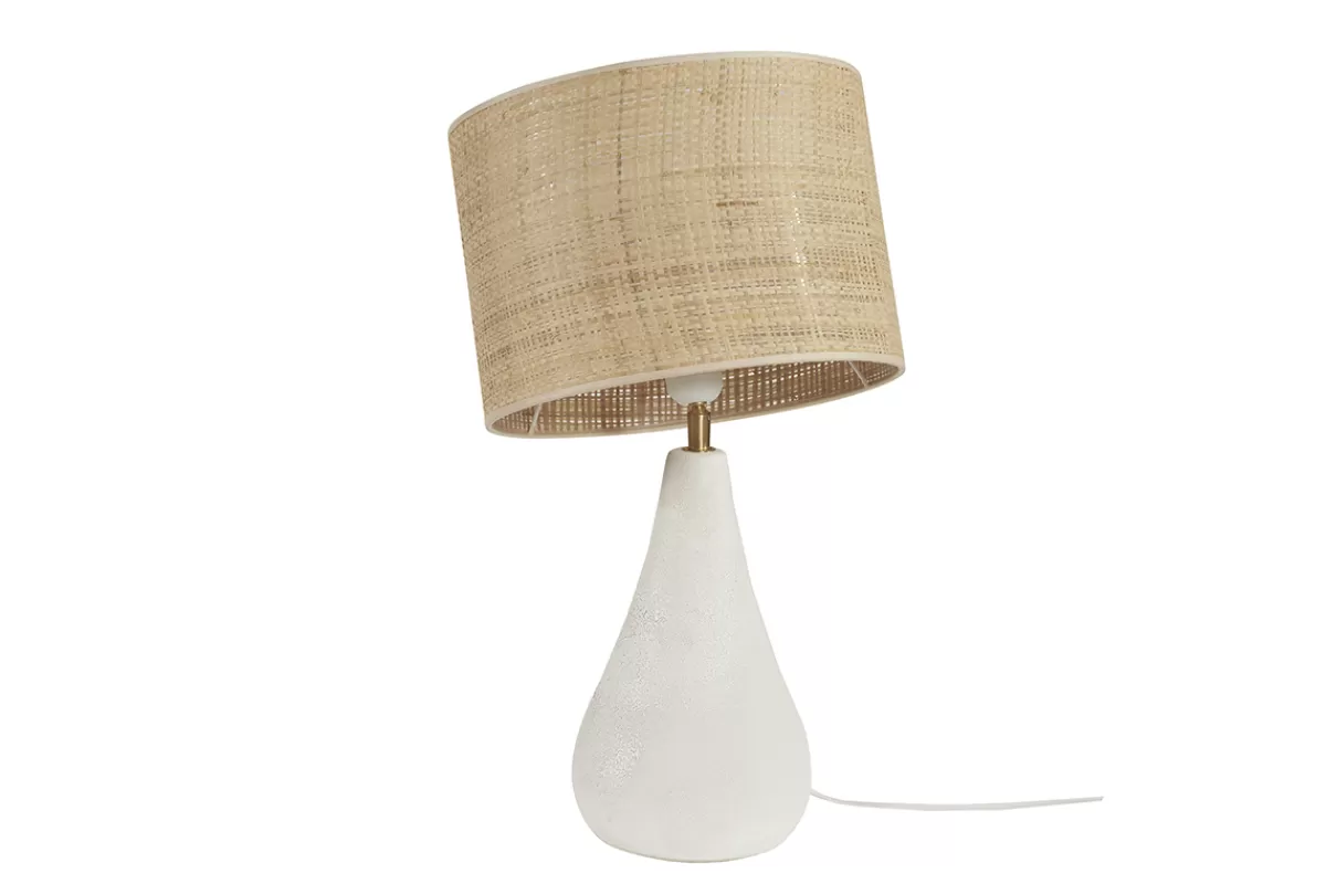 Miliboo Lámpara De Mesa | Lámpara De Mesa-Lámpara de mesa blanca de cerámica efecto piedra con pantalla de rafia 49 cm PYRUS