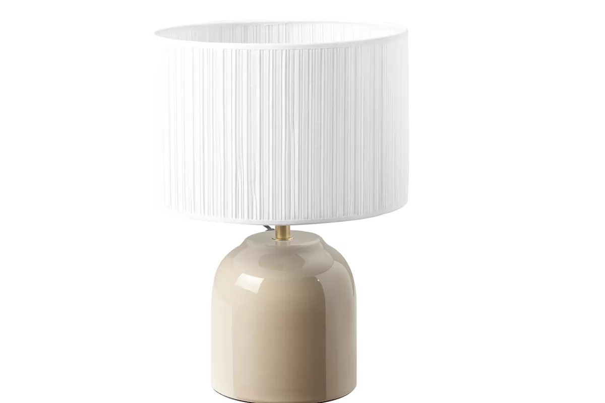 Miliboo Lámpara De Mesa | Lámpara De Mesa-Lámpara de mesa color topo de cerámica brillante con pantalla de tela plisada blanca 35 cm PIEGA