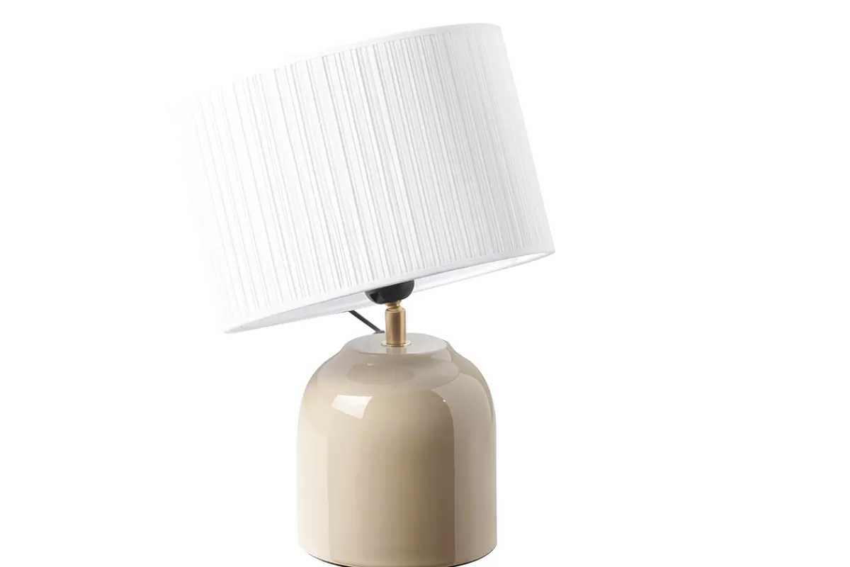 Miliboo Lámpara De Mesa | Lámpara De Mesa-Lámpara de mesa color topo de cerámica brillante con pantalla de tela plisada blanca 35 cm PIEGA