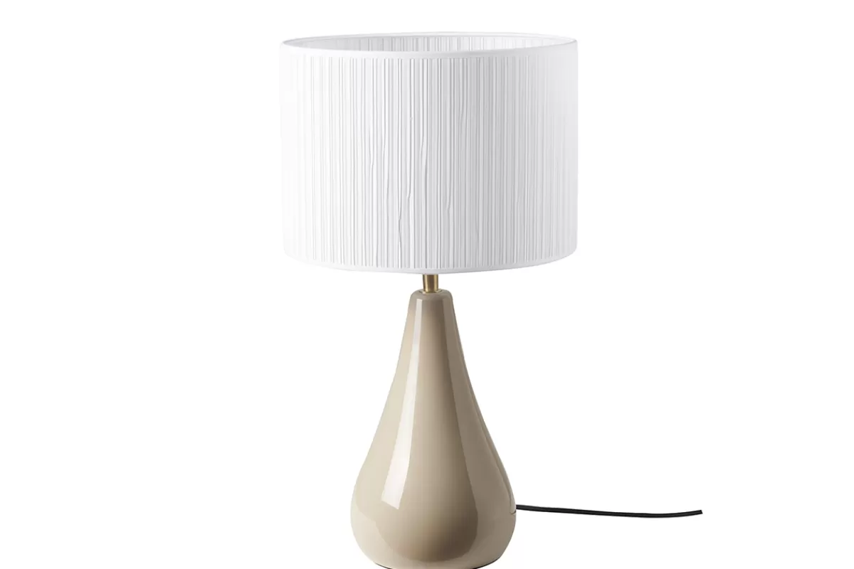 Miliboo Lámpara De Mesa | Lámpara De Mesa-Lámpara de mesa color topo de cerámica brillante con pantalla de tela plisada blanca 49 cm TROIA