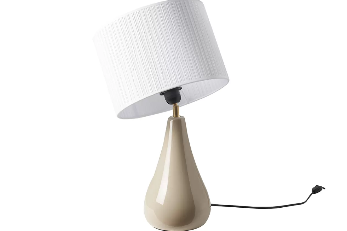 Miliboo Lámpara De Mesa | Lámpara De Mesa-Lámpara de mesa color topo de cerámica brillante con pantalla de tela plisada blanca 49 cm TROIA